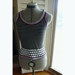 Joseph Ribkoff stretch twinset tank cardigan Black white polka dot & pink trim 8